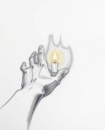 A captivating hand-drawn pencil sketch depicts a hand reaching towards a flickering candle flame emerging from darkness.  The