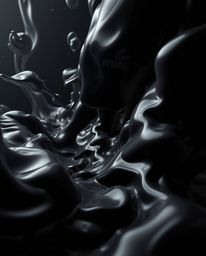 This captivating image showcases intense jet black hues and dynamic motion, featuring surreal 3D fluid shapes reminiscent of 