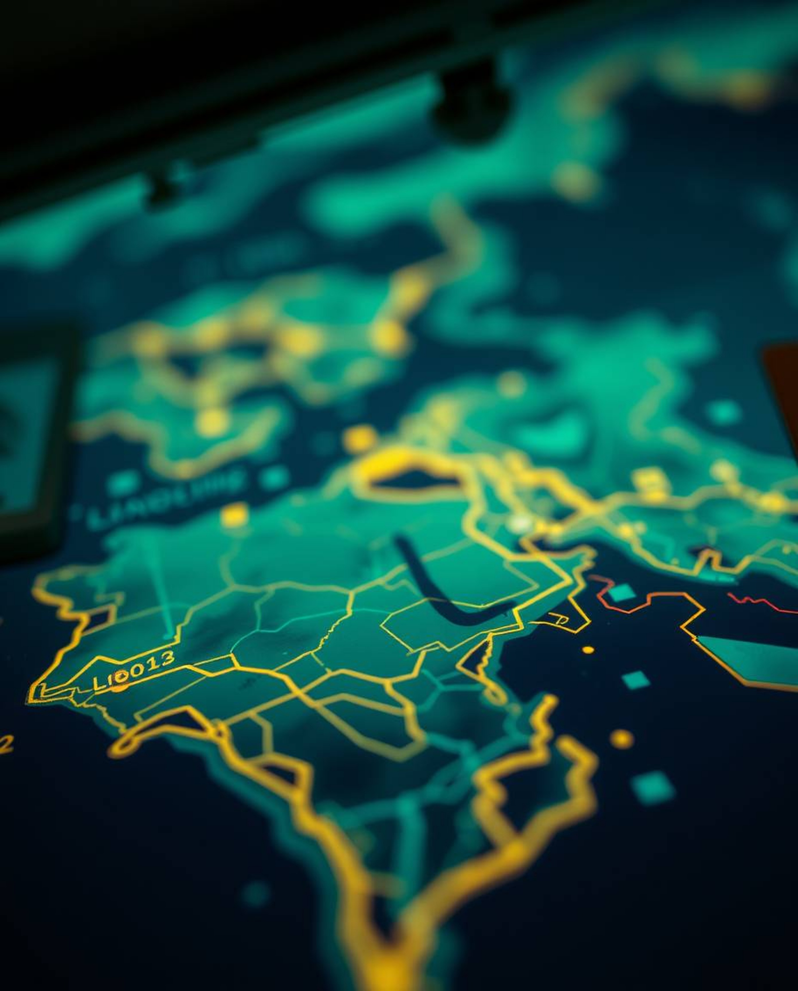 A precise architectural color close-up photograph showcases sharp lines and detailed structures of a glowing map projection w