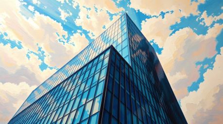 A vibrant and bold acrylic painting depicting a modern glass building seamlessly dissolving into a soft, cloud-filled sky. Th