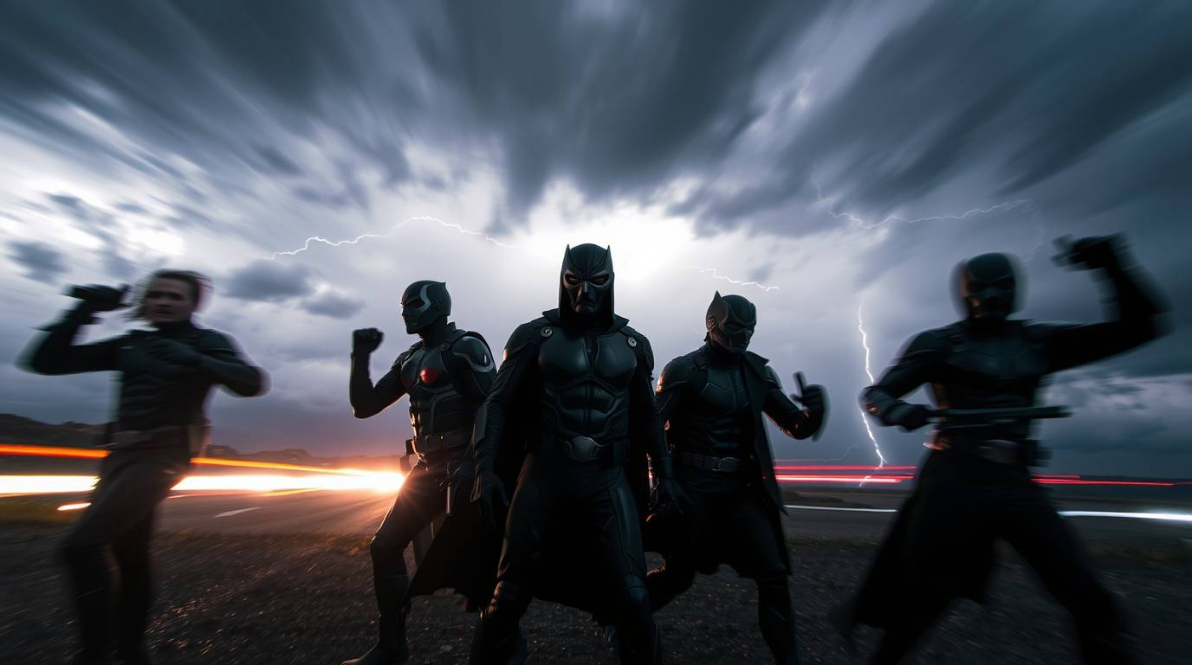 A captivating long-exposure photograph depicts a team of unlikely heroes emerging amidst a turbulent stormy sky.  The motion 