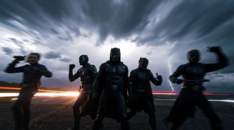 A captivating long-exposure photograph depicts a team of unlikely heroes emerging amidst a turbulent stormy sky.  The motion 
