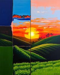 A bold acrylic painting depicting a sunset over terraced tea plantations. The composition is divided into distinct sections w