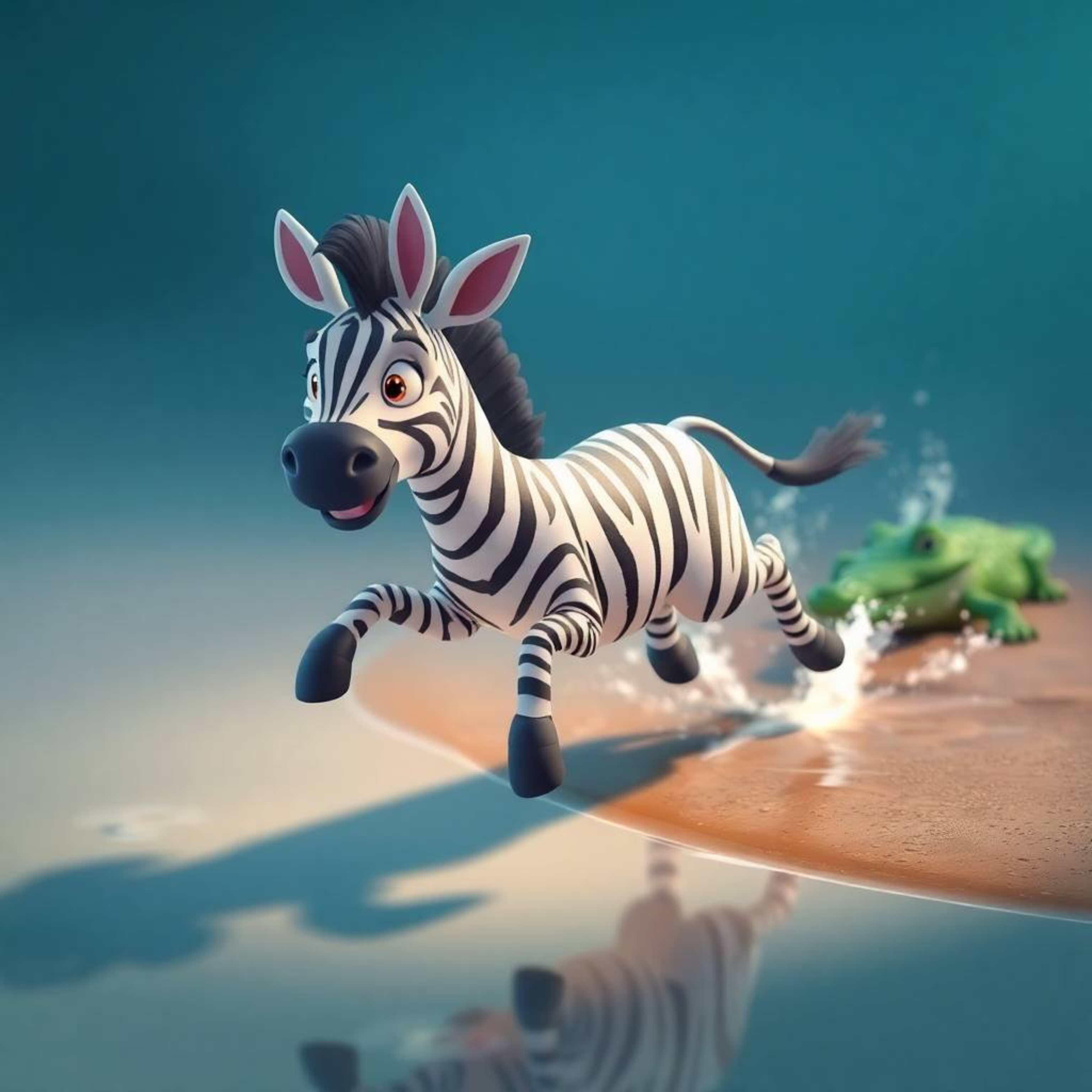A gentle 3D cartoon zebra with expressive eyes and a friendly smile narrowly escapes a crocodile while jumping to the riverba