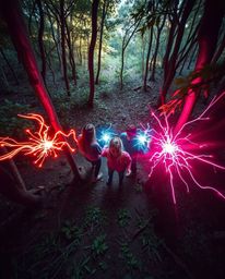 Discover a captivating high-angle shot of friends with extraordinary abilities embarking on a forest adventure. Immerse your