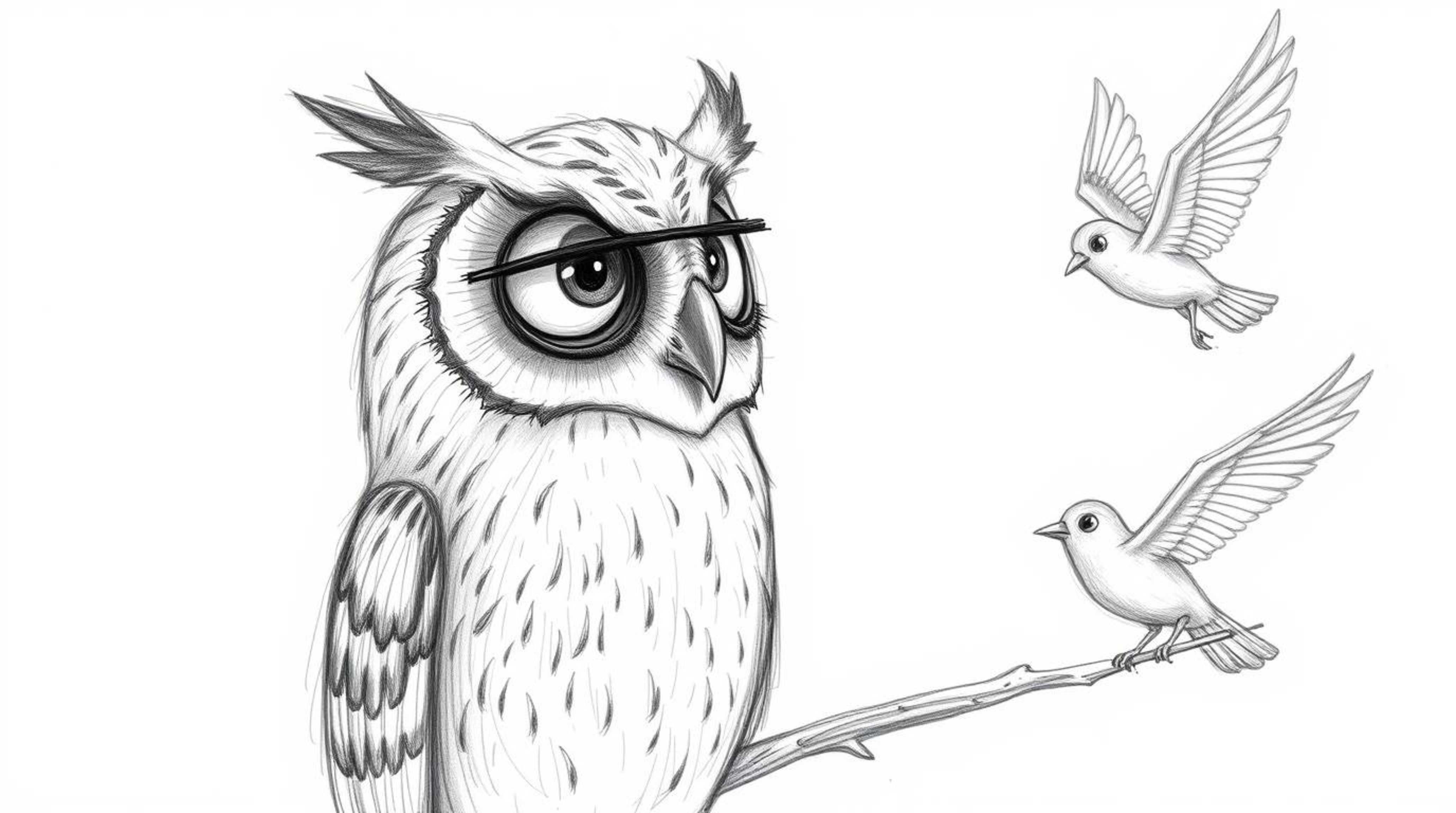 A rough, textured pencil sketch depicts a serene, blind owl in a Pixar style, teaching birds how to fly. The owl, unable to s