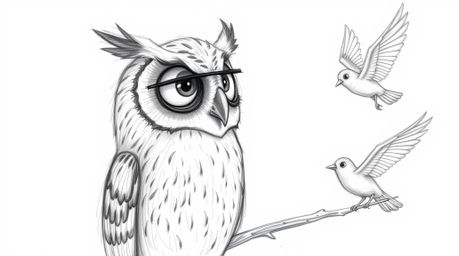 A rough, textured pencil sketch depicts a serene, blind owl in a Pixar style, teaching birds how to fly. The owl, unable to s