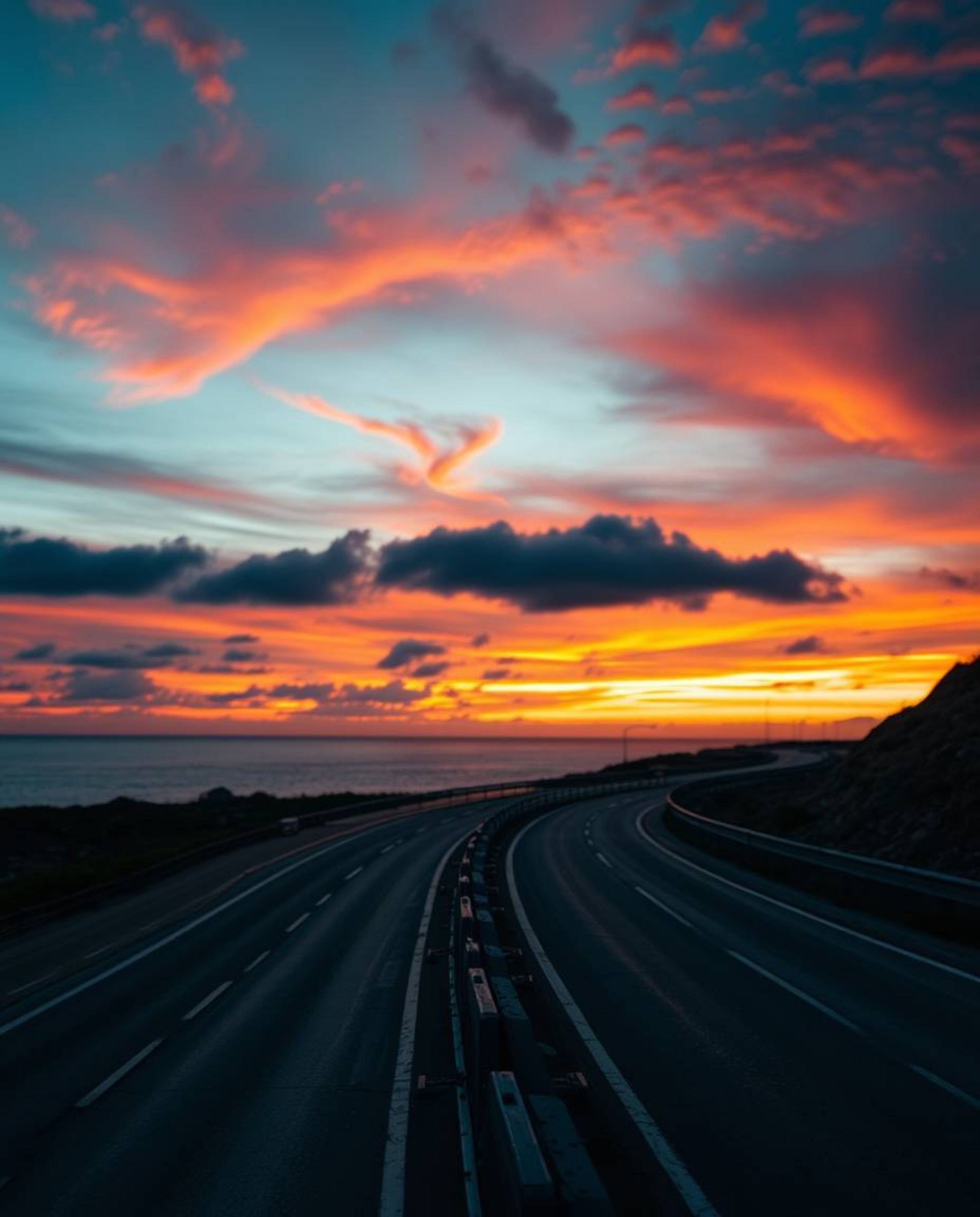 This is a close-up shot of a sunset sky over a winding coastal highway, rendered in rich deep teal. The artwork is characteri