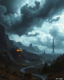 Experience a breathtaking futuristic sci-fi landscape dominated by intense dramatic weather and stormy skies. Advanced techno
