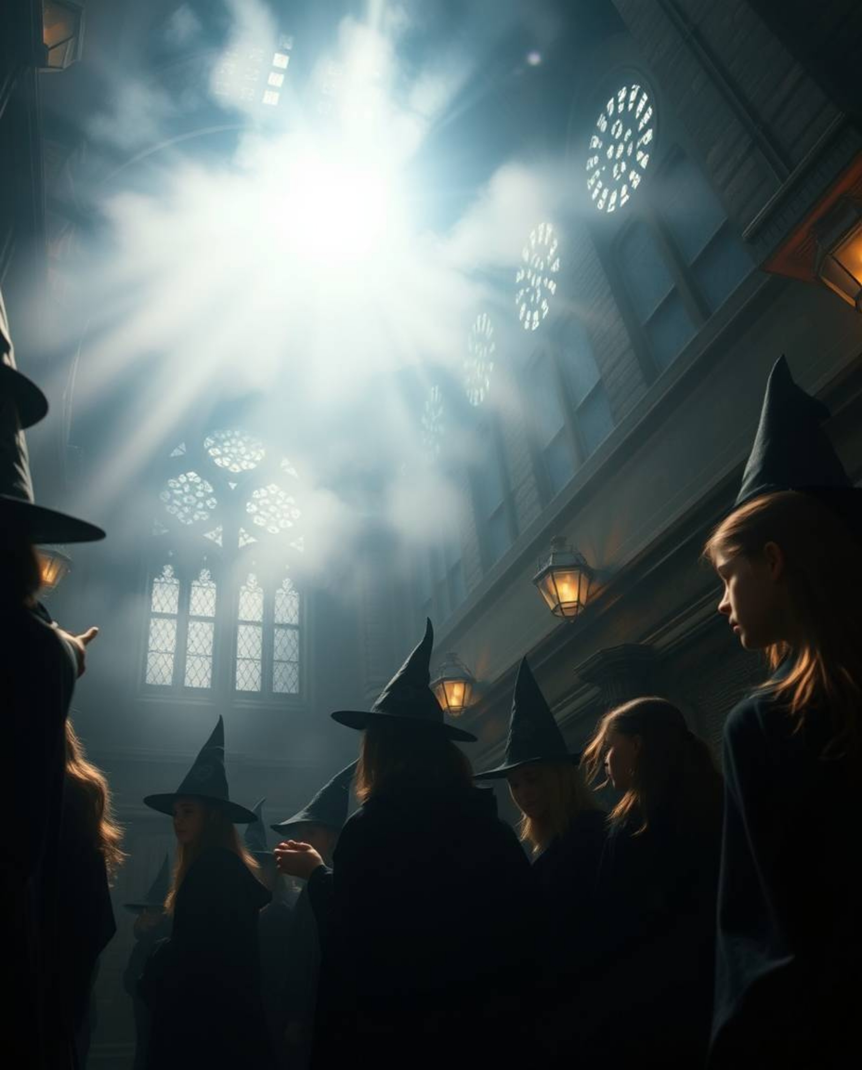 Experience the wonder of a magical school through a captivating low-angle cinematic shot. Filled with young wizards and bathe