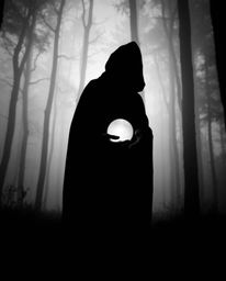 A captivating image of a cloaked figure silhouetted against a misty forest, holding a glowing orb.  The classic black and whi