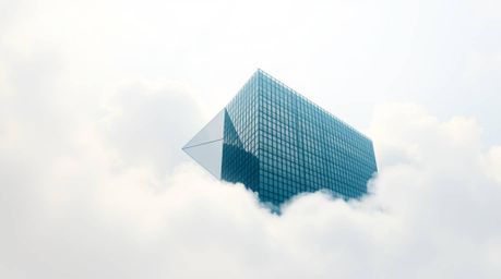 This image captures a modern glass building dissolving into a sky filled with soft clouds, presented in an intricate origami 