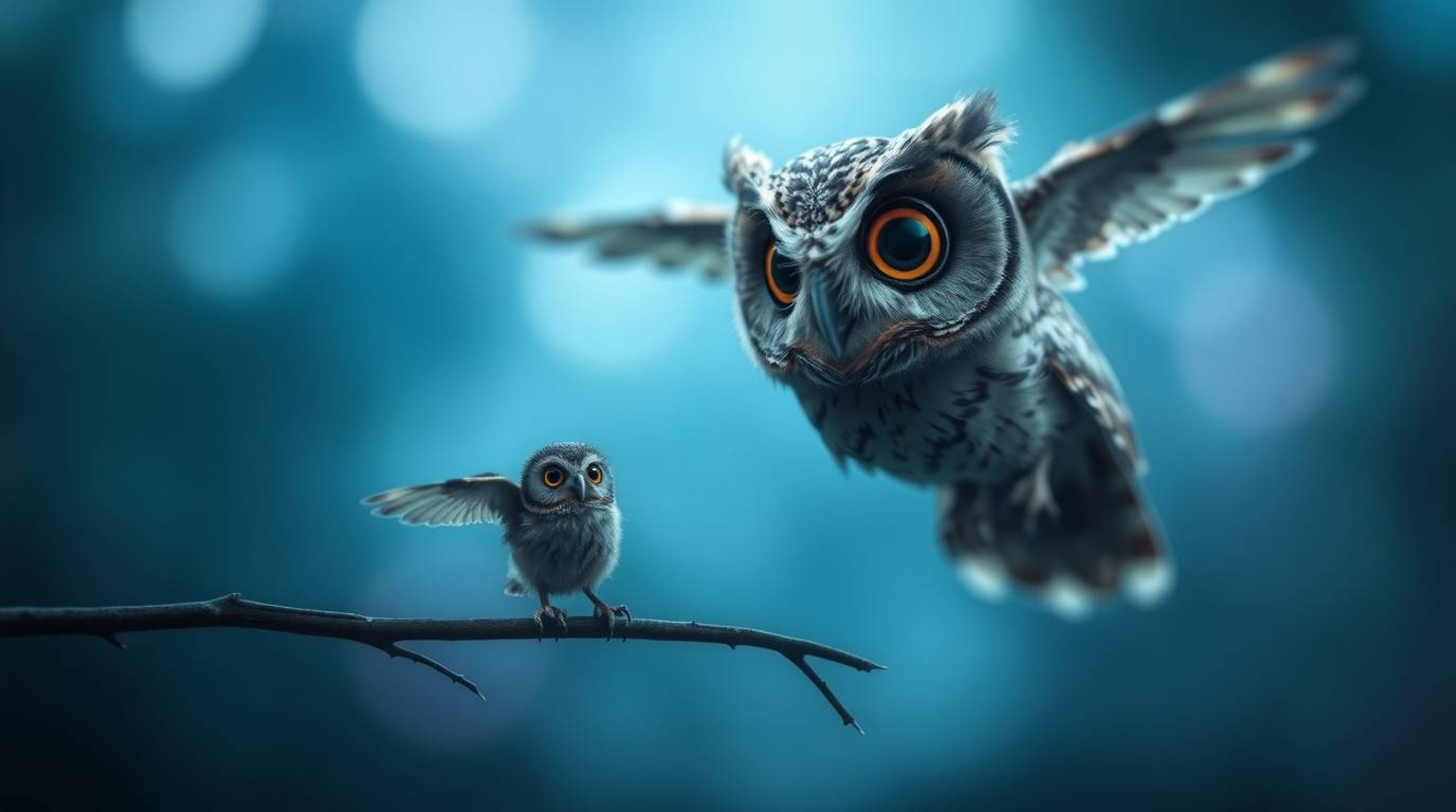This mystical long exposure photograph captures a blind, Pixar-style owl with large, expressive eyes as it watches its bird p