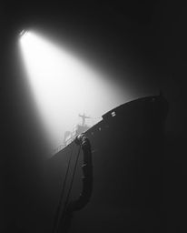 Discover a captivating classic black and white photograph of a dramatically lit shipwreck deep underwater.  The image feature