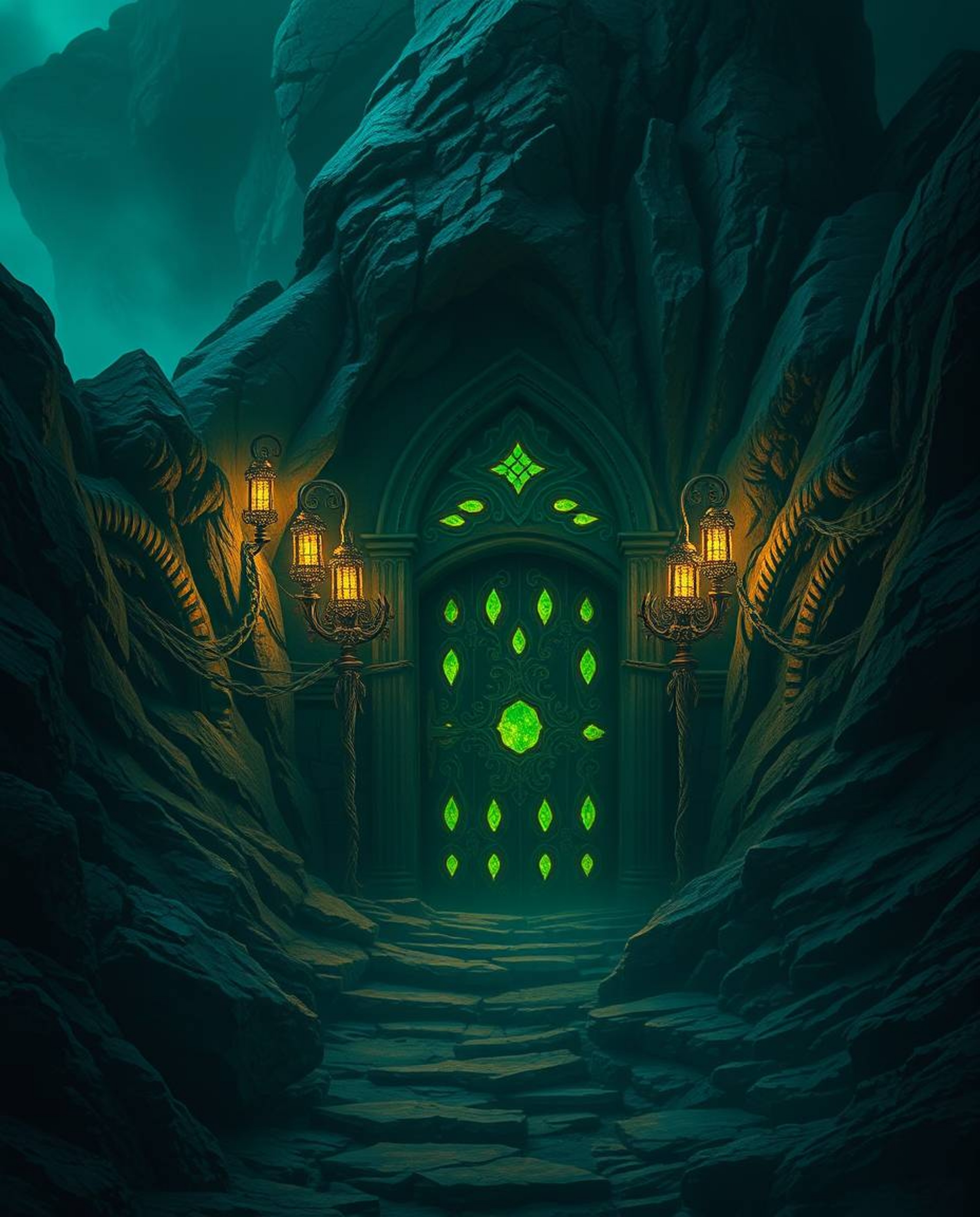 A captivating scene unfolds, steeped in an eerie and creepy atmosphere.  Deep teal hues dominate the composition, drawing the
