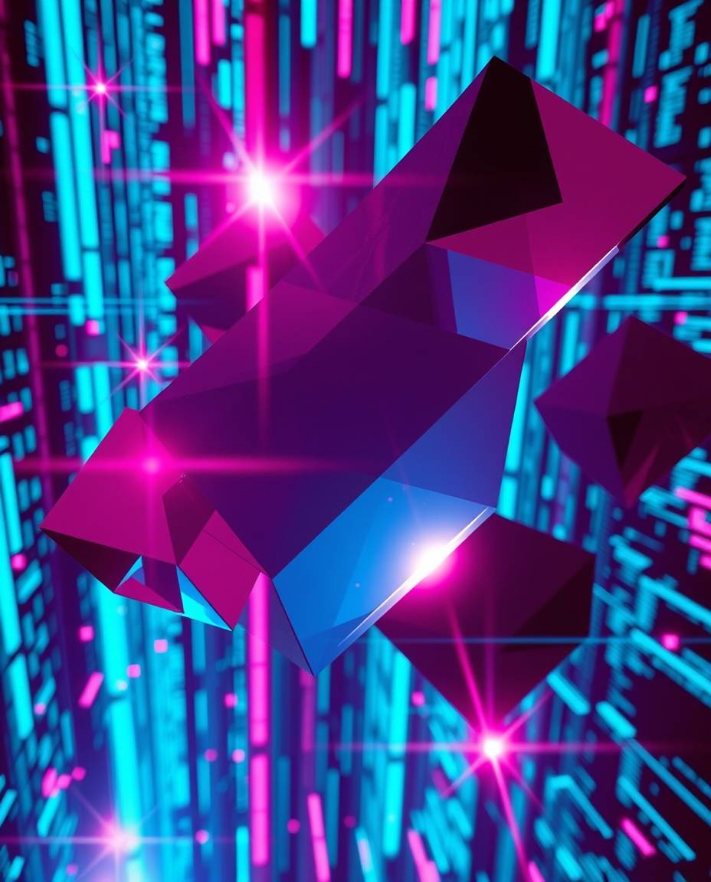A captivating image showcasing glitched geometric shapes gracefully floating within a vibrant cyberspace matrix. The rich bur