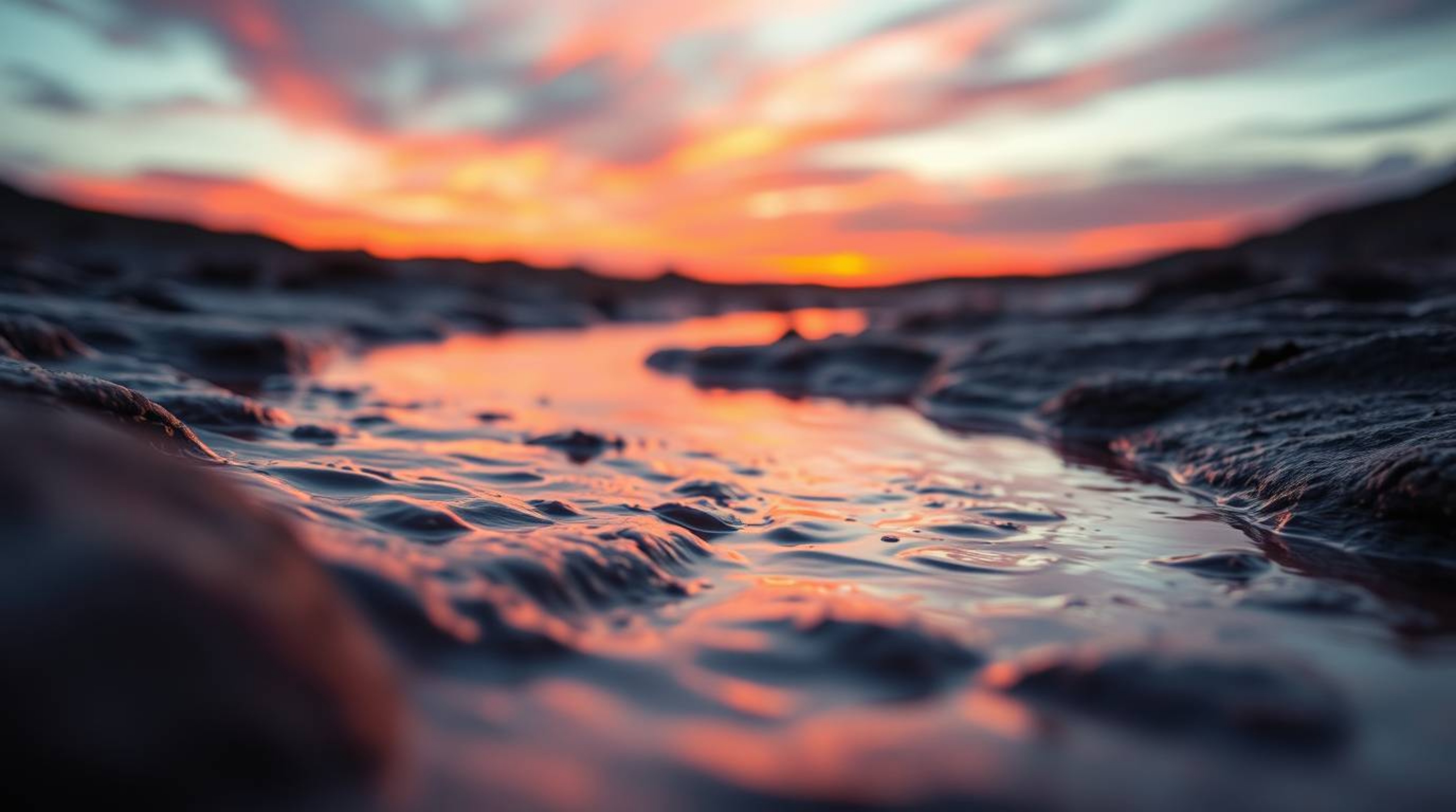 Capture the ethereal beauty of nature with this extreme macro close-up, showcasing a winding river illuminated beneath a dram