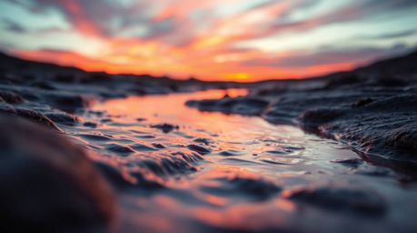 Capture the ethereal beauty of nature with this extreme macro close-up, showcasing a winding river illuminated beneath a dram