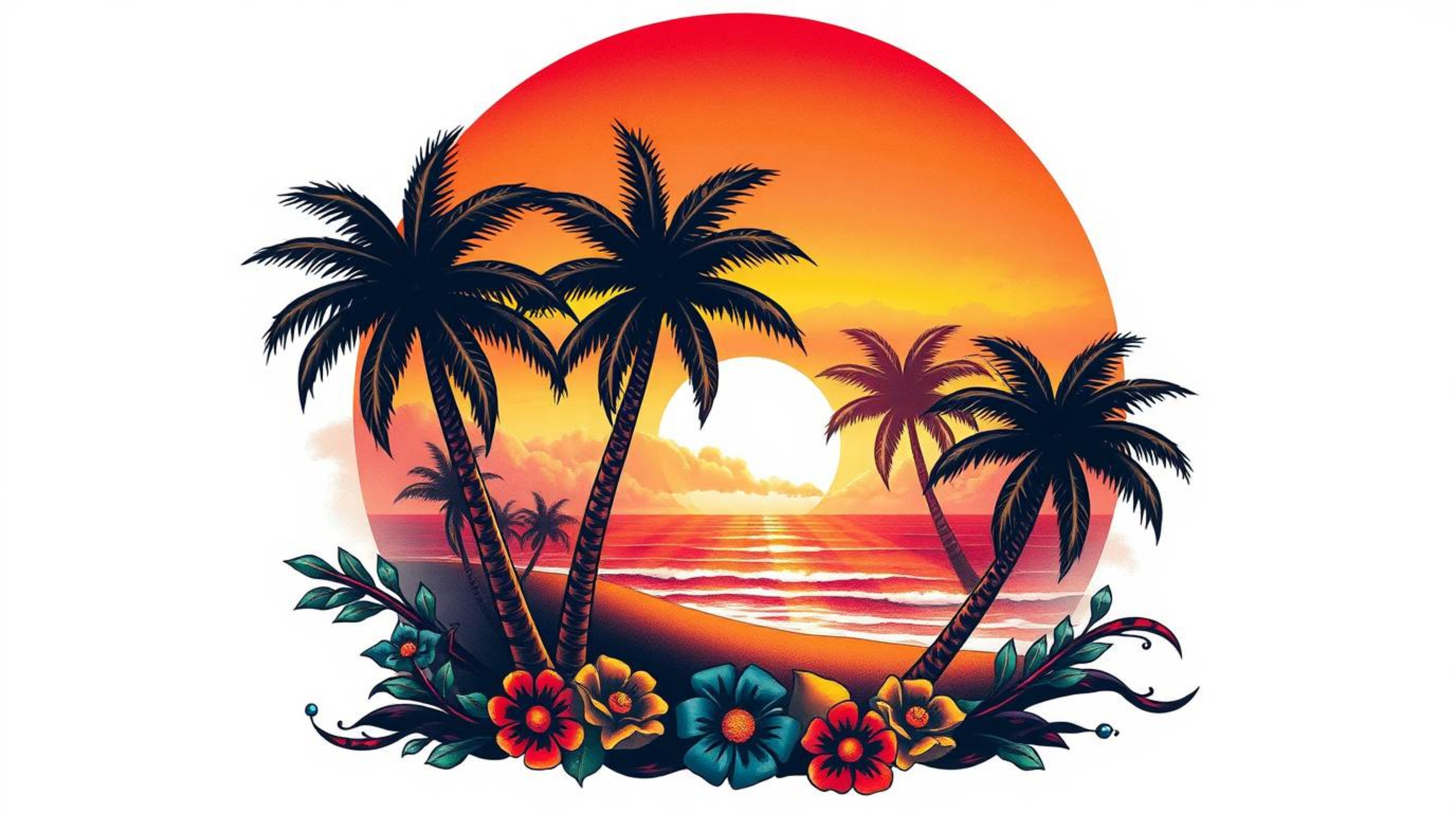 This traditional tattoo art print showcases a captivating tropical sunset beach scene, tightly framed and volumetrically lit.