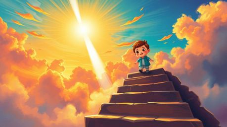A vibrant and charming painting depicts a lone figure ascending a stone staircase towards a divine beam of light. The scene i