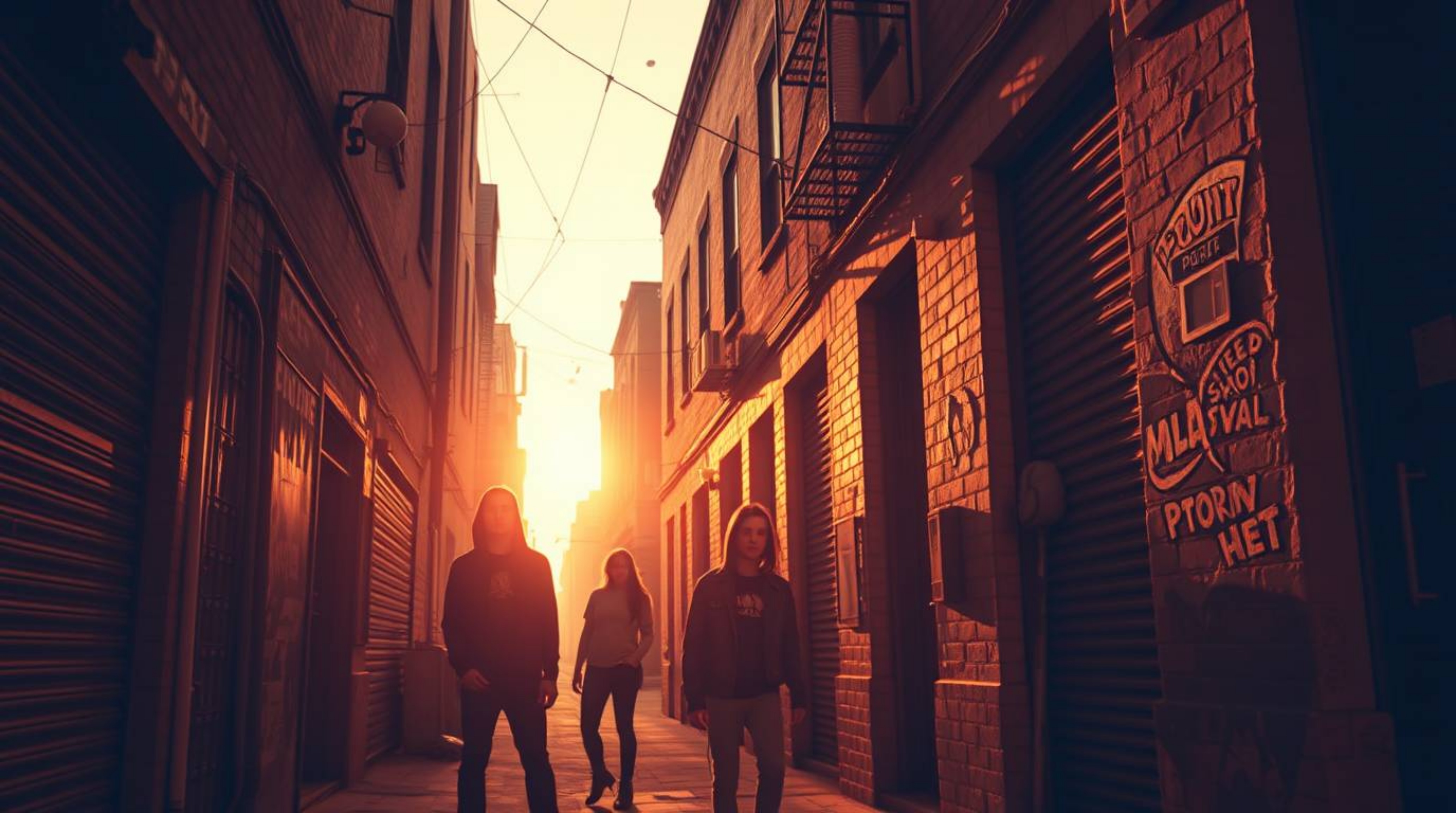Capture the surreal beauty of a grungy city alley bathed in warm golden hour light. This infrared photograph features rebelli
