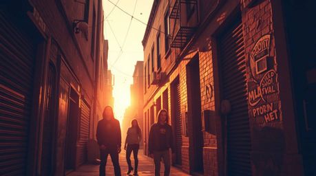 Capture the surreal beauty of a grungy city alley bathed in warm golden hour light. This infrared photograph features rebelli