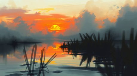 A digital sketch showcasing a vibrant sunset reflected in a calm pond.  The artwork features loose painterly strokes, dynamic