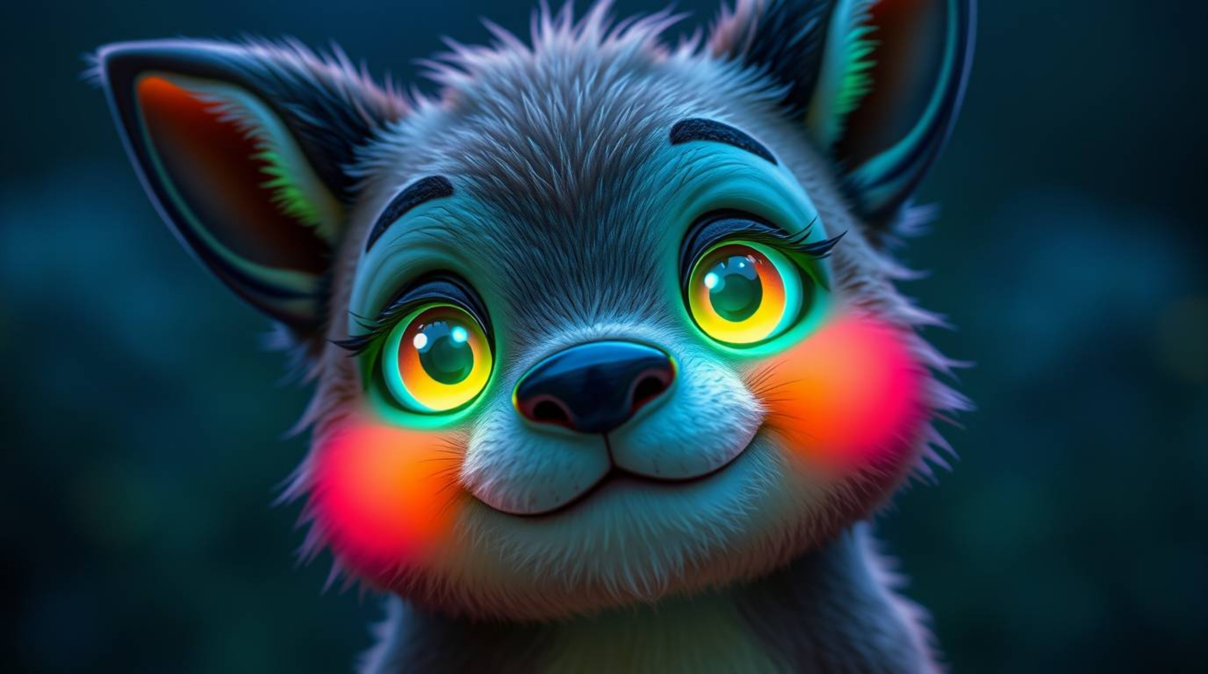 Discover a charming and sarcastic animal sidekick, radiating vibrant bioluminescent colors. Its expressive eyes and cute dem