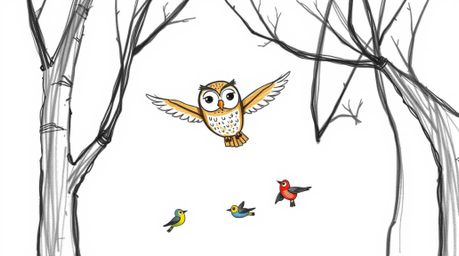A whimsical hand-drawn sketch reminiscent of Pixar's style showcases a blind owl gracefully gliding between trees, acting as 