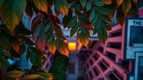 A stunning overhead shot captures the vibrant sunset reflected in raindrops clinging to leaves.  The image showcases precise 