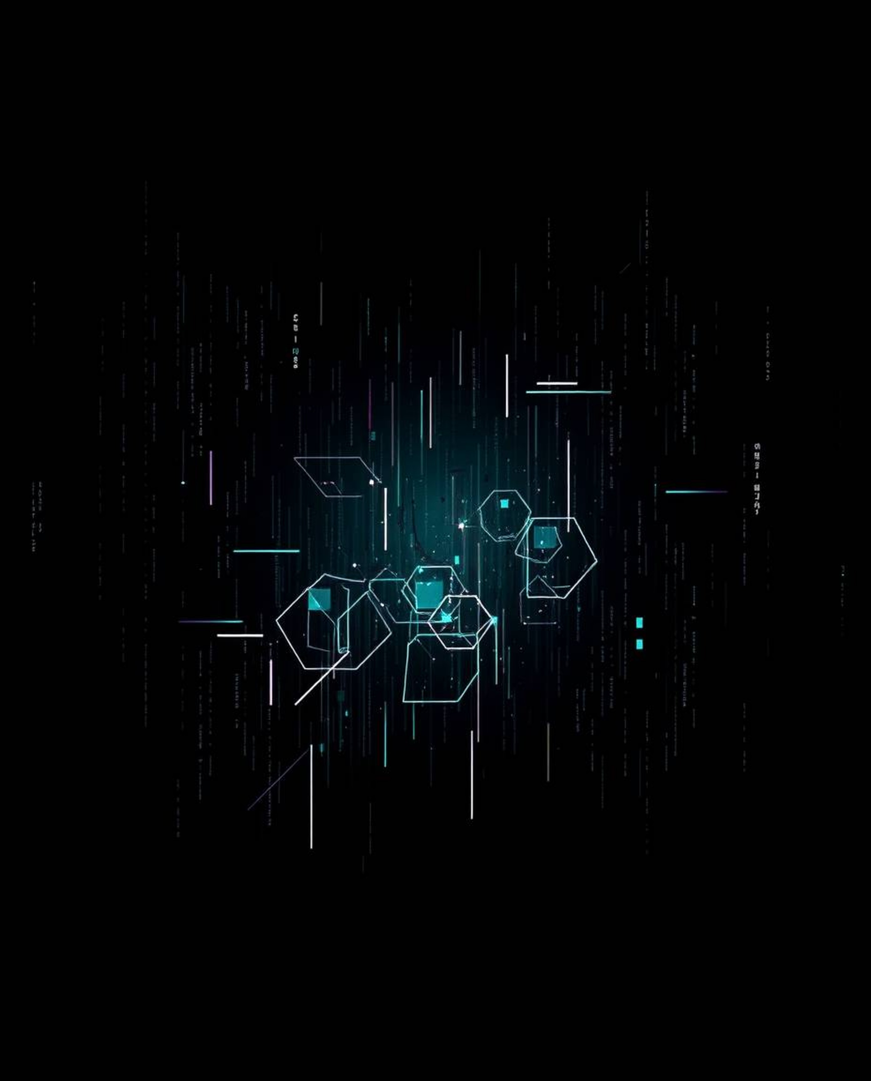 Explore a high-contrast, moody image featuring glitched geometric shapes floating in a cyberspace environment with a matrix a