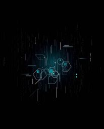 Explore a high-contrast, moody image featuring glitched geometric shapes floating in a cyberspace environment with a matrix a