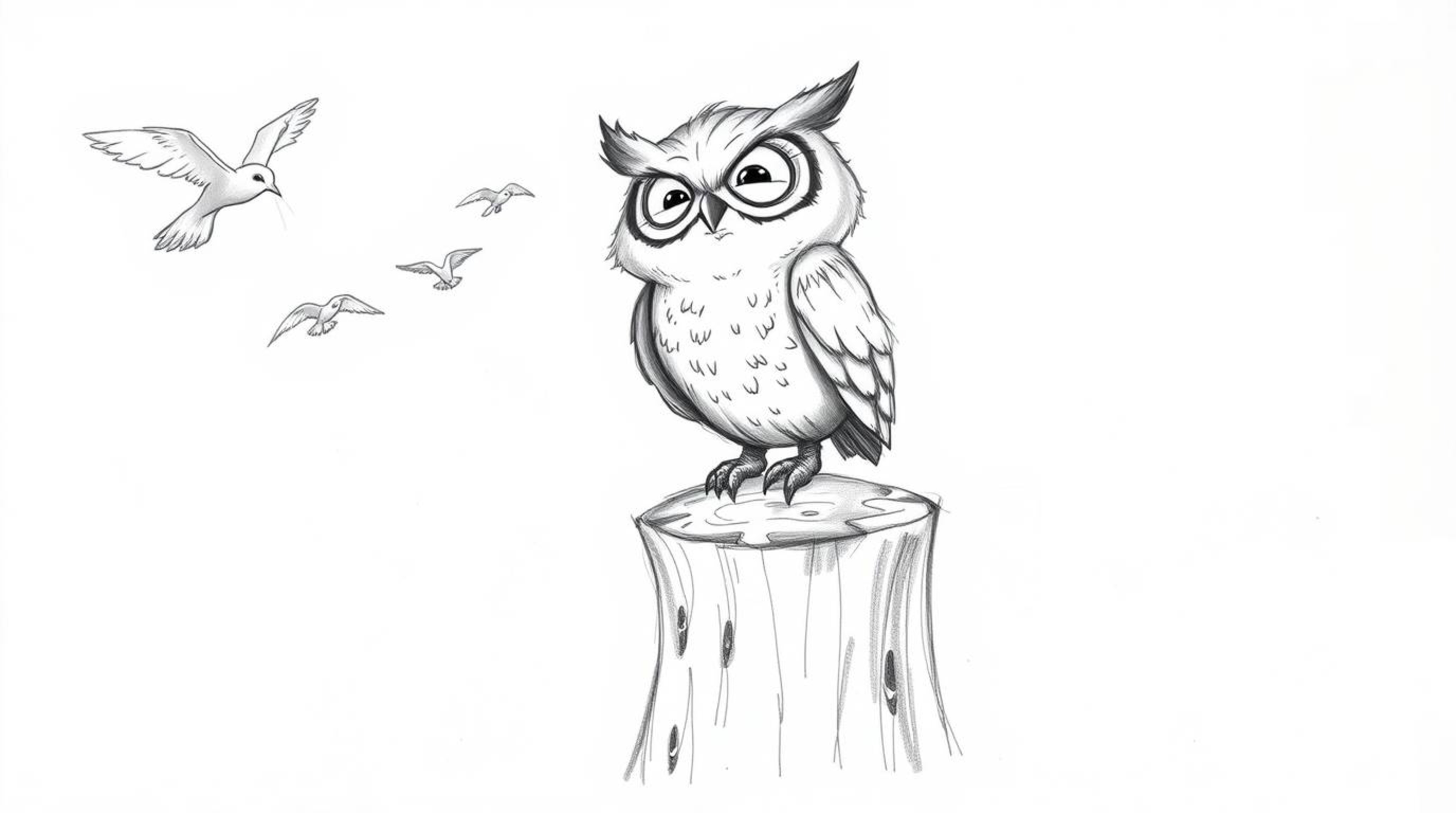 A whimsical hand-drawn sketch in Pixar style depicts a kind-eyed, blind owl with ruffled feathers, joyfully watching birds so