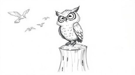 A whimsical hand-drawn sketch in Pixar style depicts a kind-eyed, blind owl with ruffled feathers, joyfully watching birds so
