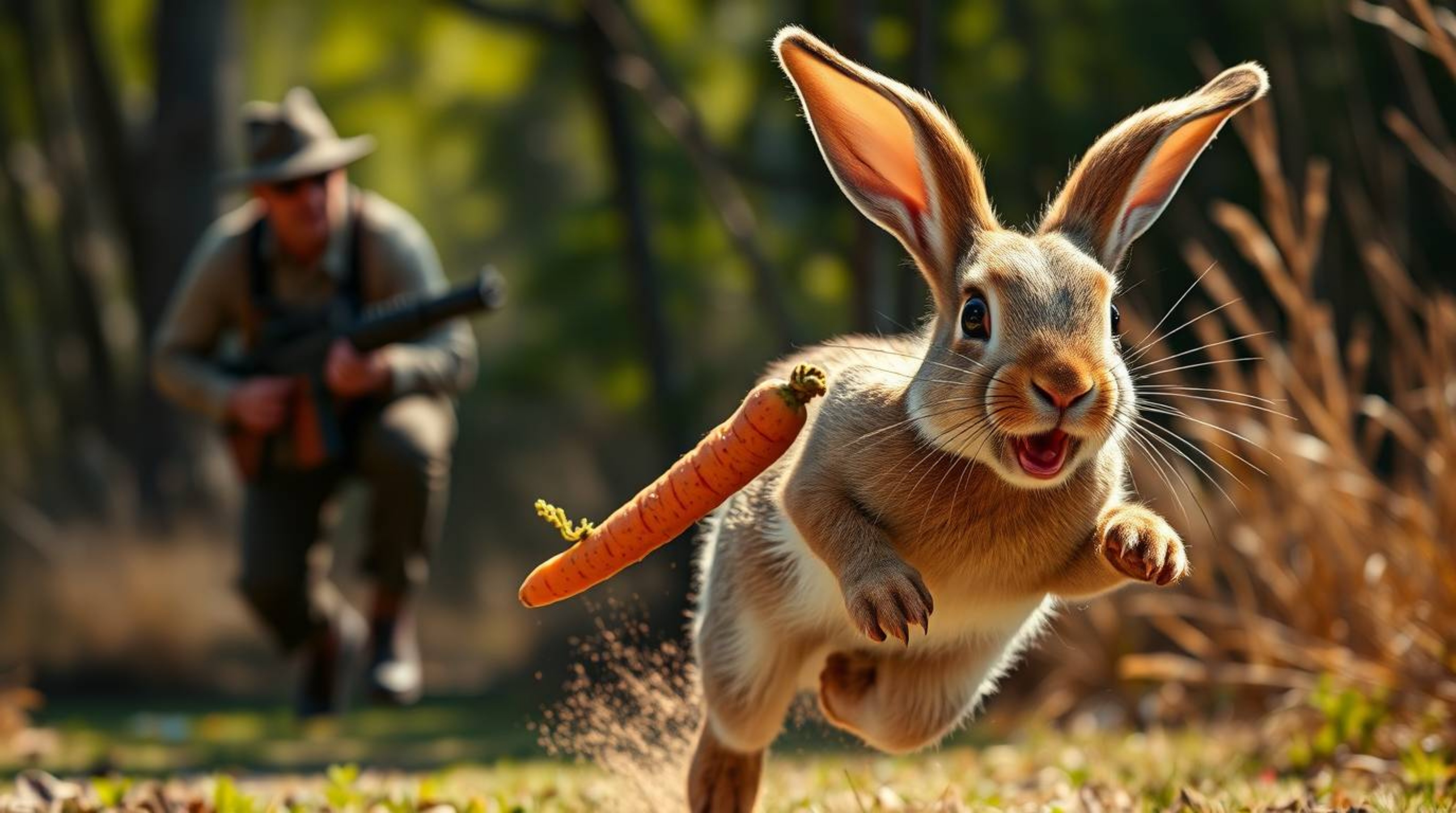 This high-resolution stock photo captures a hilarious scene of a wacky rabbit, carrot dangling from its mouth, outrunning a d