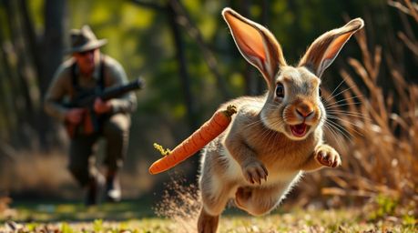 This high-resolution stock photo captures a hilarious scene of a wacky rabbit, carrot dangling from its mouth, outrunning a d