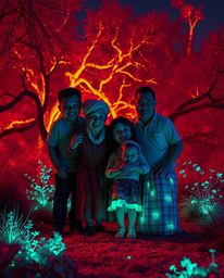 Experience a surreal Pixar-style family reunion rendered in striking infrared tones with glowing bioluminescent colors. This 