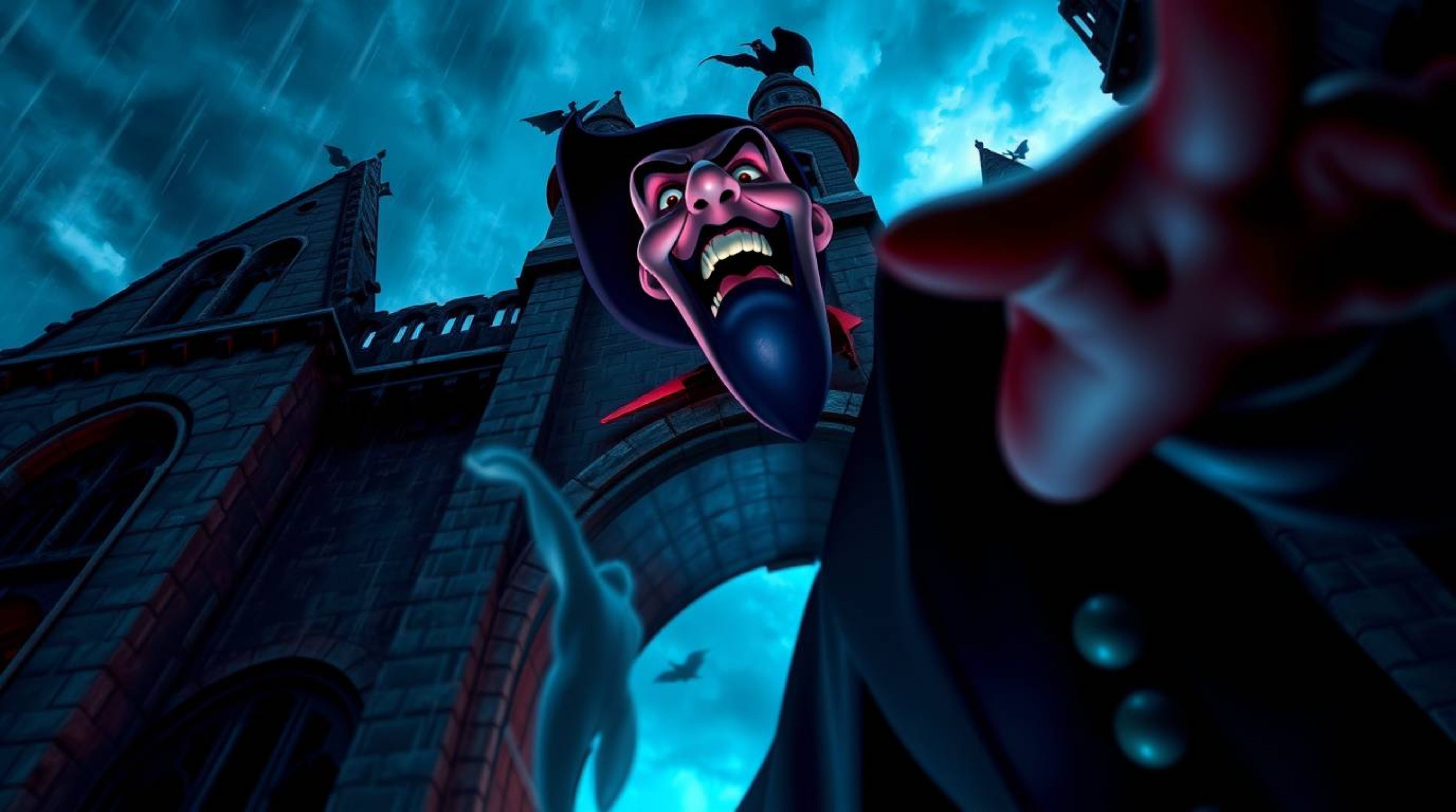 A captivating image of a classic Disney villain casting a spell within the ancient walls of a crumbling castle. The scene is