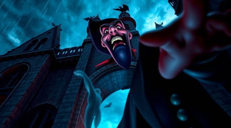 A captivating image of a classic Disney villain casting a spell within the ancient walls of a crumbling castle. The scene is