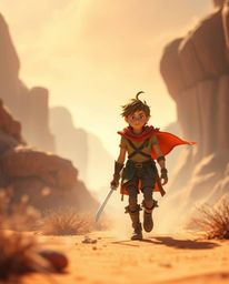 Embark on a thrilling Disney-style desert adventure with a brave hero, rendered in a soft cinematic haze. The scene is domina