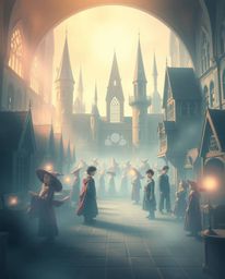 Discover a captivating illustration of a magical school brimming with young wizards.  Rendered with a smooth gradient transit