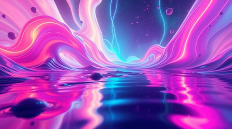 Dive into a dreamlike world of surreal digital art.  Witness mesmerizing neon gradient textures flowing across a liquid surfa