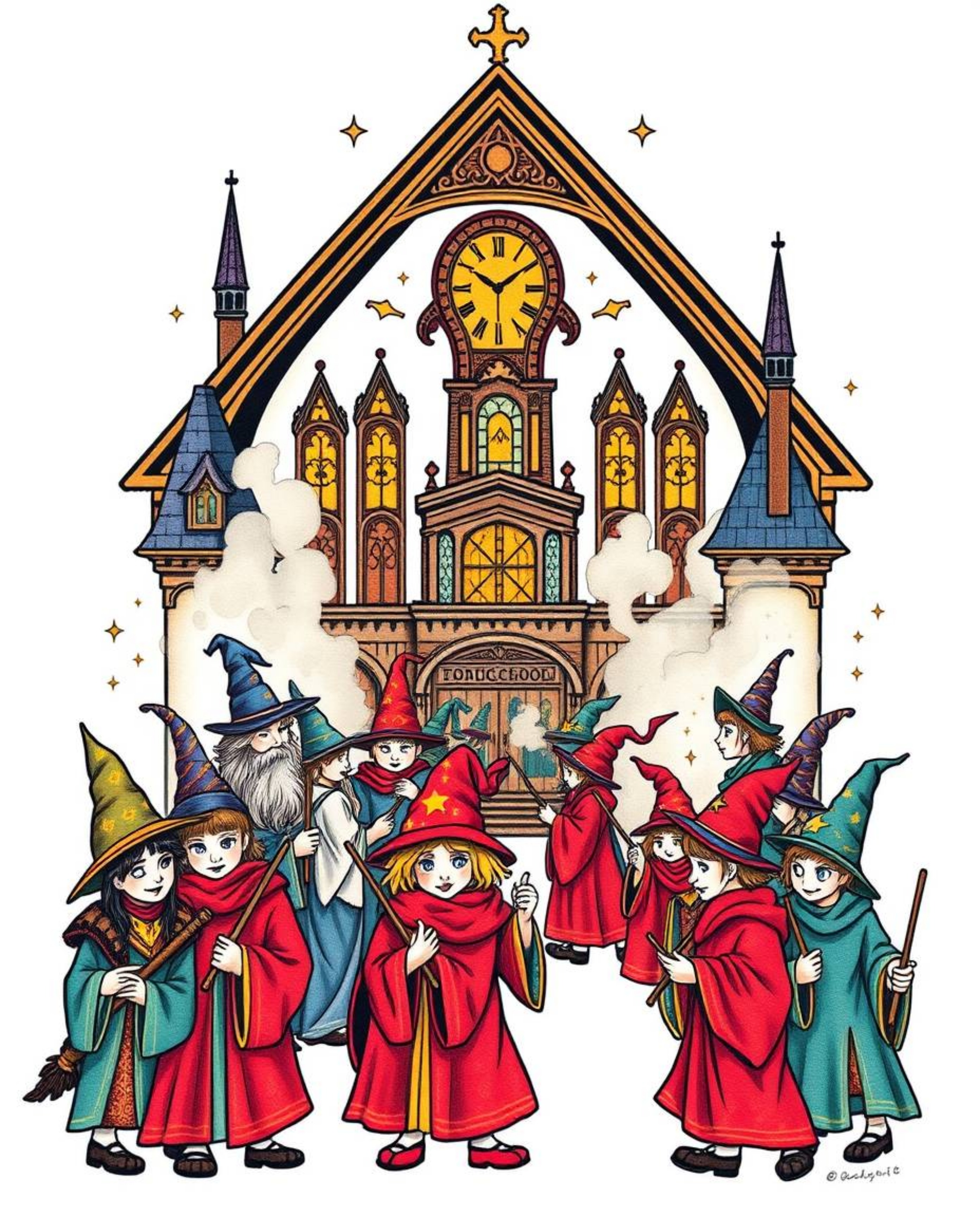 This is a traditional tattoo art print showcasing a magical school brimming with young wizards, brought to life in vibrant co