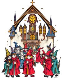 This is a traditional tattoo art print showcasing a magical school brimming with young wizards, brought to life in vibrant co