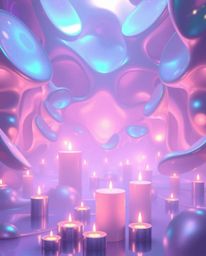 Experience the captivating dance of iridescent colors playing across the warm glow of candle lights, rendered in a mesmerizin