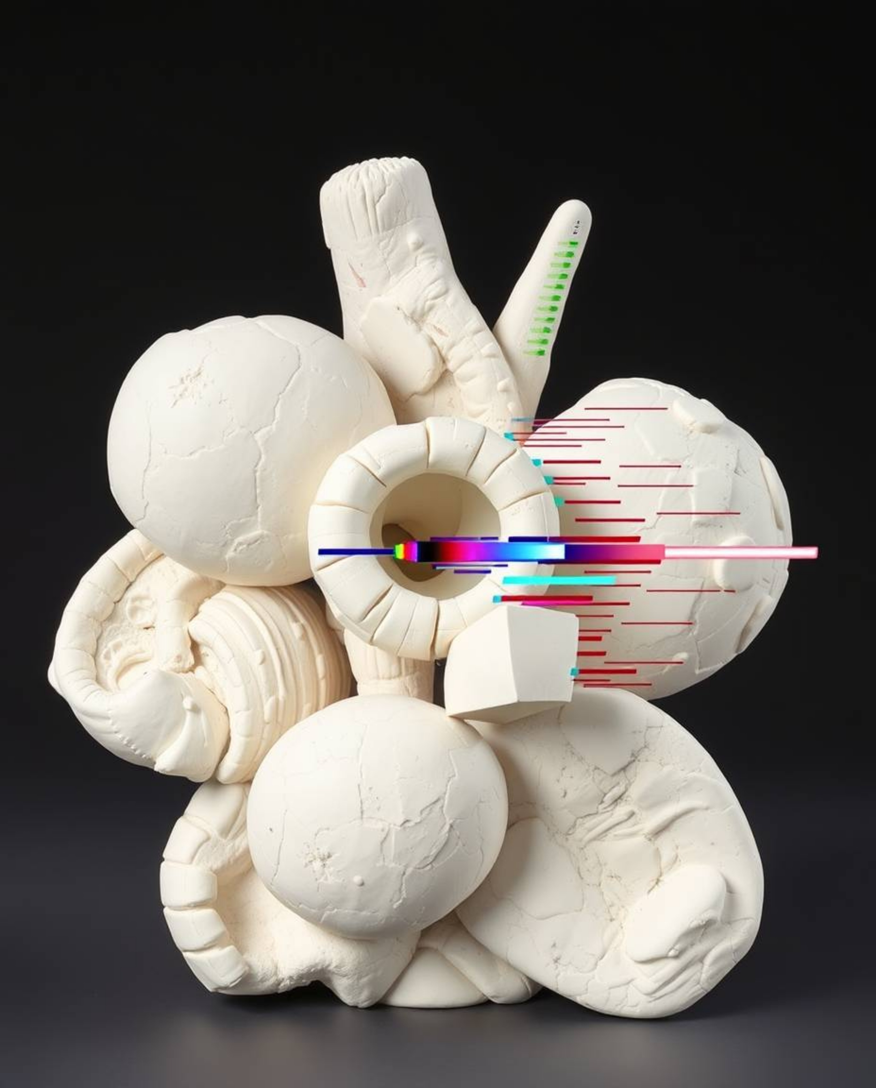 Explore the captivating world of sculptural clay art featuring abstract shapes distorted with glitch effects, fragmentation, 
