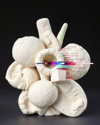Explore the captivating world of sculptural clay art featuring abstract shapes distorted with glitch effects, fragmentation, 
