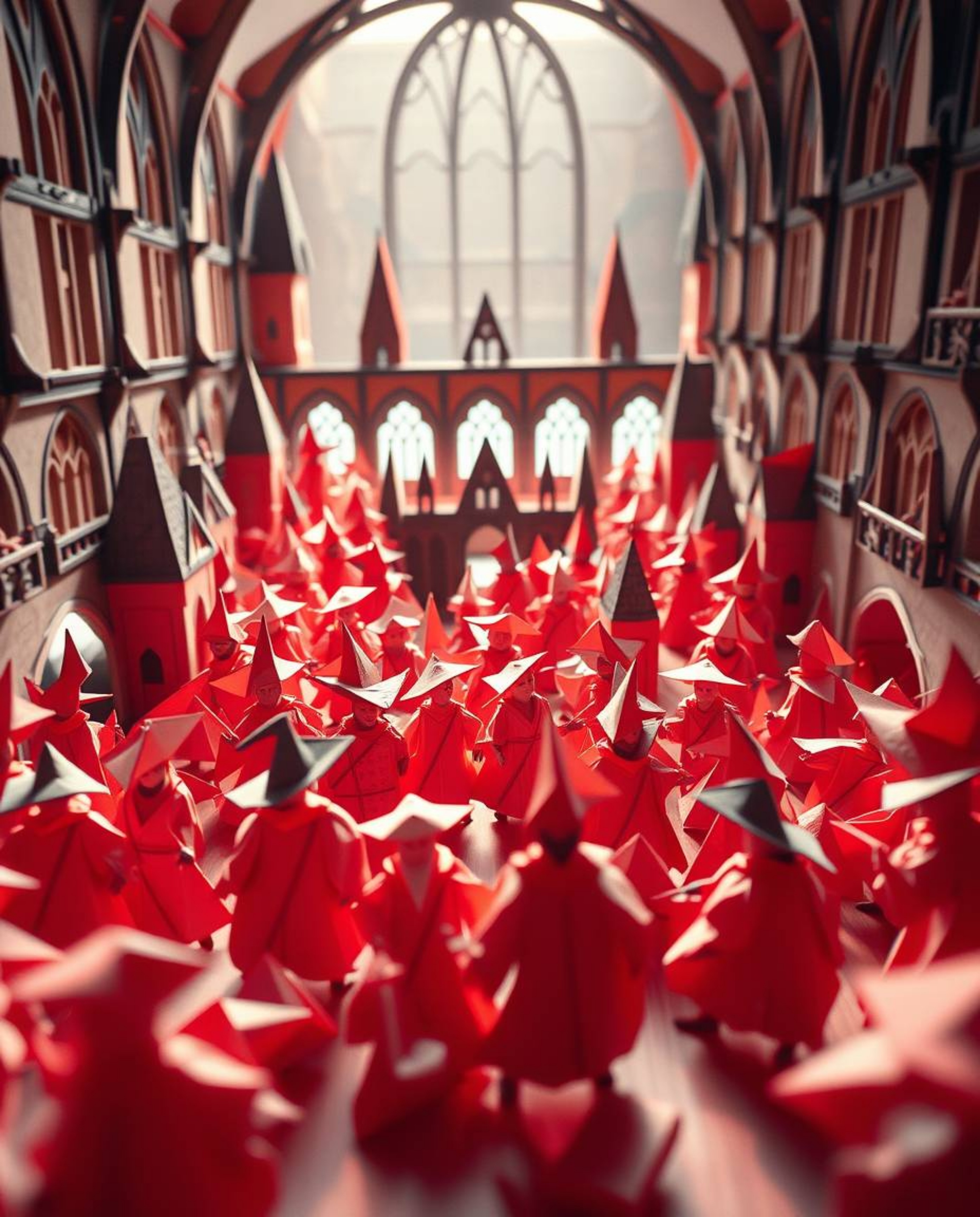 Discover a magical school brimming with young wizards, rendered in an intricate origami style.  Experience dynamic motion, st