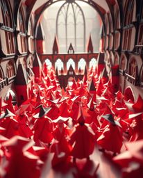 Discover a magical school brimming with young wizards, rendered in an intricate origami style.  Experience dynamic motion, st