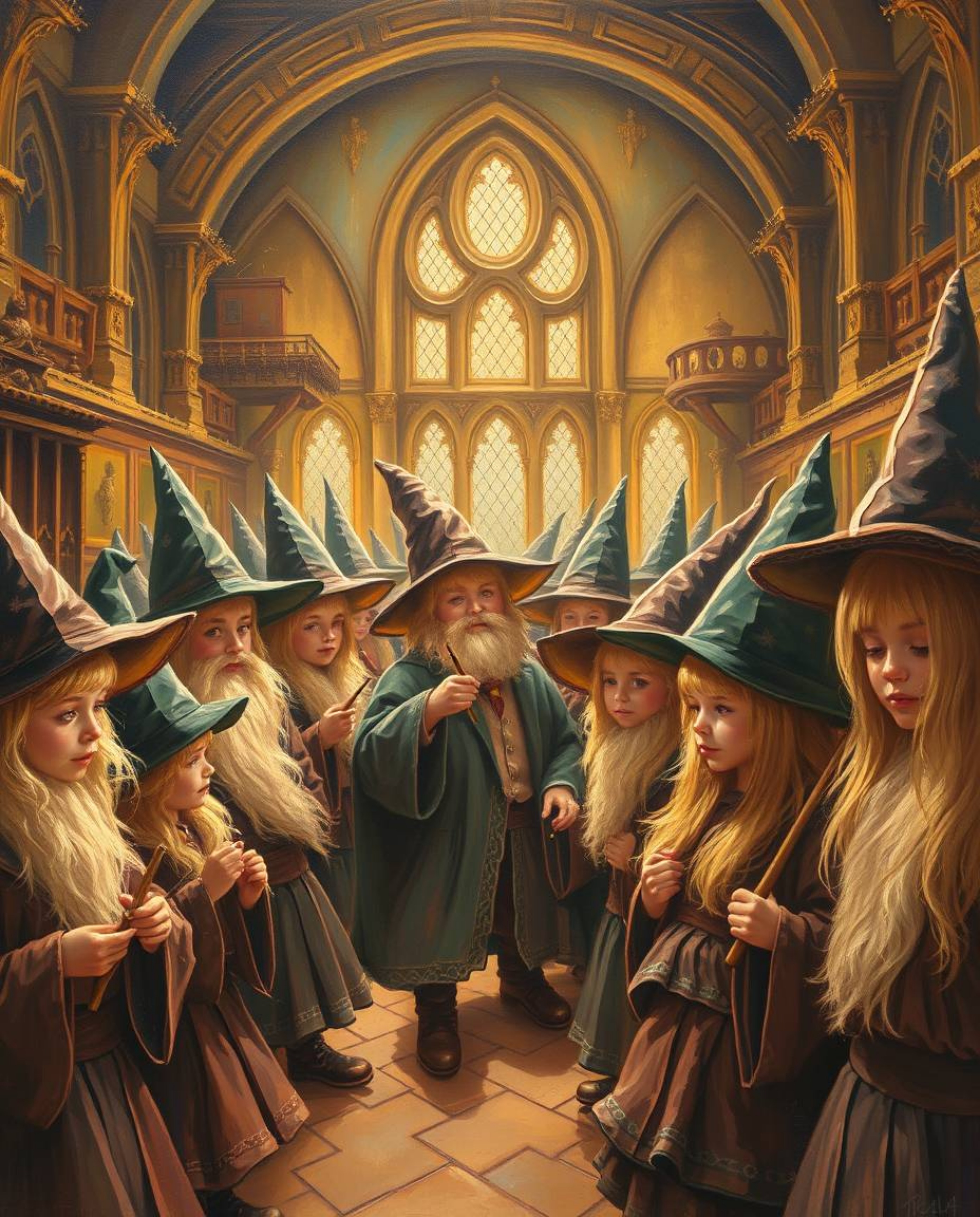 Immerse yourself in the enchanting world of a magical school depicted in a classic oil painting. This artwork features adorab